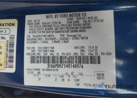 2017 Ford Fusion Se z USA, uszkodzony, nr VIN 3FA6P0H75HR148976